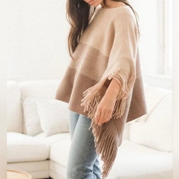 NWT Anthropologie Gentle Fawn Beige Striped Sweater Poncho - Picture 1 of 7